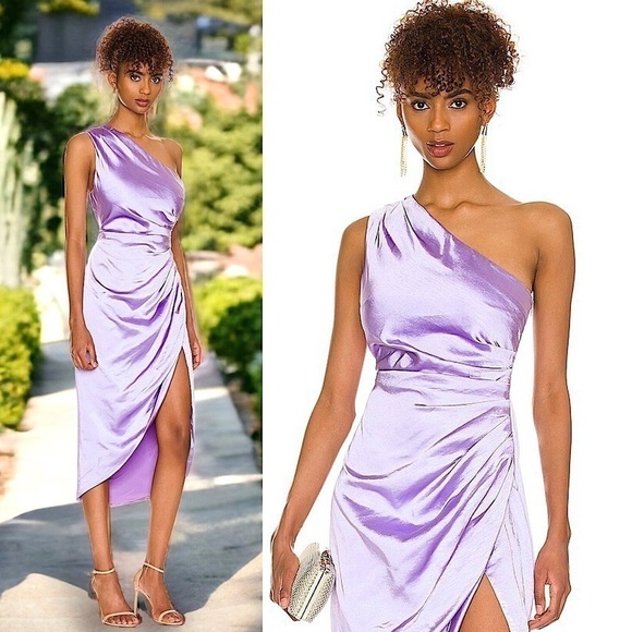 NWT ELLIATT 70s Satin Sleeveless 1 Shoulder Ruched Faux Wrap Asymmetric Dress L - Picture 1 of 6